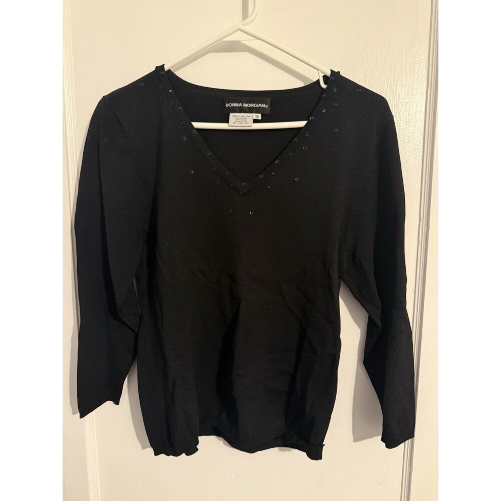 Donna Morgan Womens Size 14 Black V-Neck Top 3/4 Sleeves Studed Neckline
